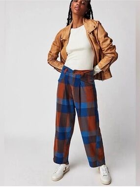 Free People Cass Slouch Plaid Trousers in Blue and Brown